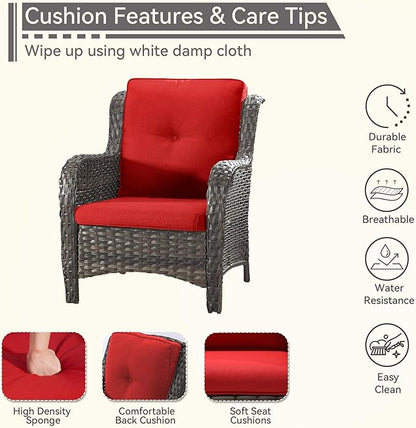 4 Pieces Patio Conversation Set, Wicker Chairs Set of 2 and Two Ottomans with 3.5-inch Seat Cushions, High Back and Curved Armrest for Backyard, Balcony and Deck, Red