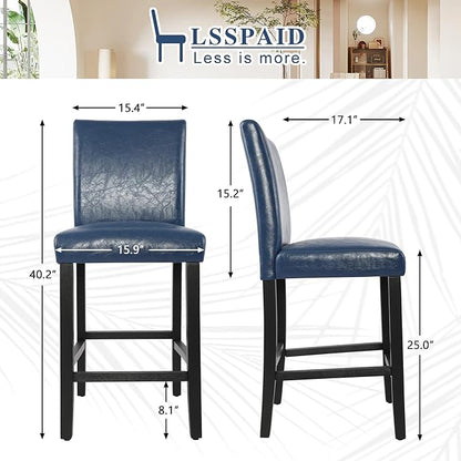 LSSPAID Counter Height Bar Stools Set of 4, 24.8 Inch Upholstered PU Leather Barstools, Modern Kitchen Island Chairs with Backrest and Solid Wood Legs, Navy Blue