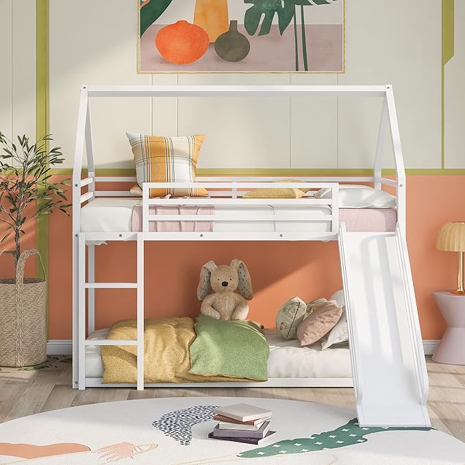 Twin Over Twin Metal Floor Bunk Bed with Slide,Metal Junior House Twin Size House Bunk Bed Frame with Ladder & Roof for Boy Girl, No Box Spring Needed,Low Bunk Bed Frame with Convertible Slide