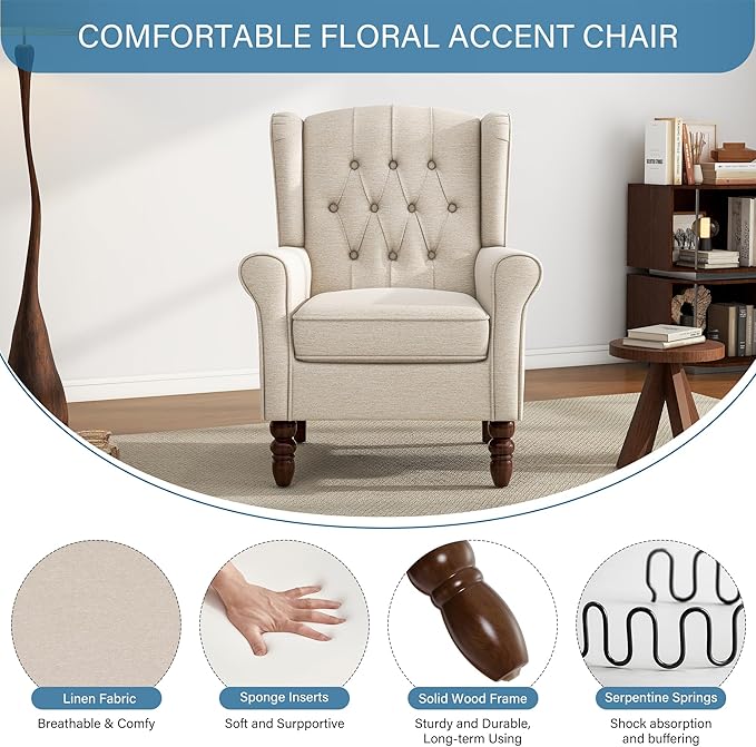 UIXE High Back Accent Chairs Set of 2, Fabric Upholstered Armchair Wingback Club Chair for Living Room, Comfy Single Sofa Bedroom Retro Reading Seat with Solid Wood Legs - Beige