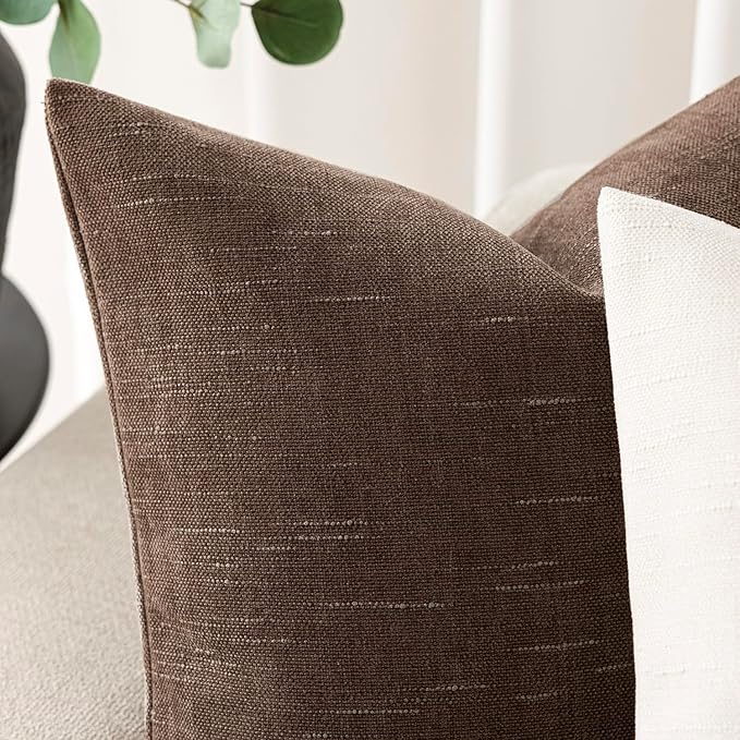Foindtower Set of 2 Soft Textured Chenille Throw Decorative Pillow Covers Square Accent Solid Cushion Cover Cozy Neutral Farmhouse Pillow Case for Couch Sofa Bedroom Living Room 16x16 Inch, Chocolate