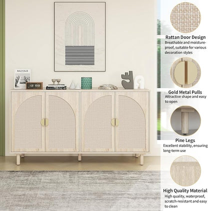 Beige Rattan 4-Door Buffet Cabinet - Boho Style Sideboard with Storage for Dining & Living Room
