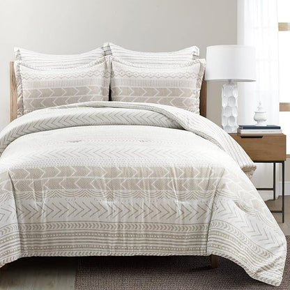 Lush Decor Hygge Geo Reversible 5 Piece Comforter Set, Full/Queen, Taupe & White