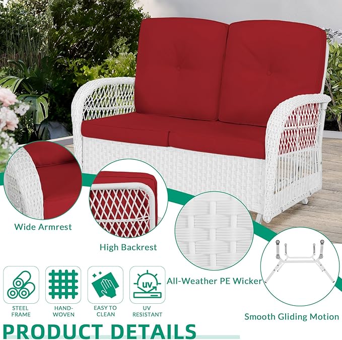 VIVIJASON 2-Piece Patio White Wicker Loveseat Glider Set Cushioned, Outdoor Conversation Furniture Sets with 2-Seater Glider Rocking Bench, Coffee Table and Cushions for Porch Garden Poolside, Red