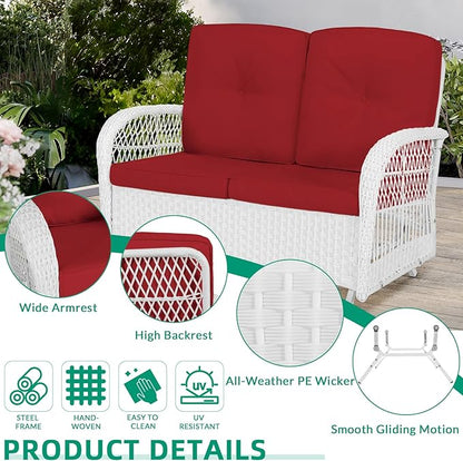 VIVIJASON 2-Piece Patio White Wicker Loveseat Glider Set Cushioned, Outdoor Conversation Furniture Sets with 2-Seater Glider Rocking Bench, Coffee Table and Cushions for Porch Garden Poolside, Red