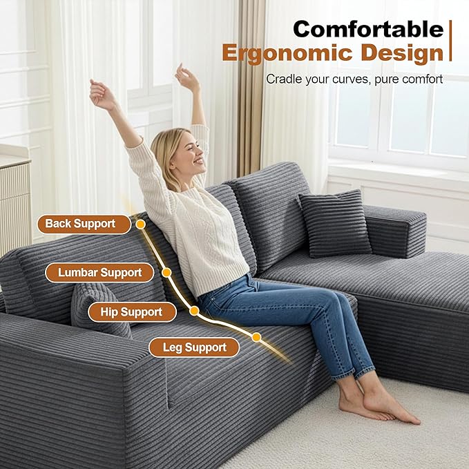 Modular Sectional Cloud Couch for Living Room,Modern Boneless Couche Set with Plush Corduroy,Comfy Floor Sofa with Memory Foam,Stupendous U Shaped Sofa with Ottoman,No Assembly Required,Grey