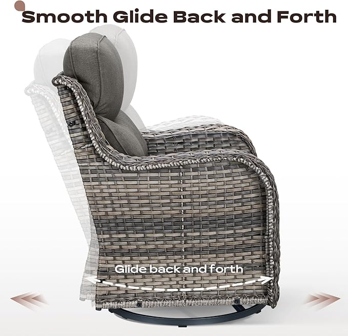 Rilyson Outdoor Wicker Patio Furniture Set - 4 Piece Patio Conversation Set with Swivel Rocker Chairs and Ottomans, 6 inch Cushions, High Back, Deep Seating, for Porch Deck Garden Mixed Grey/Grey