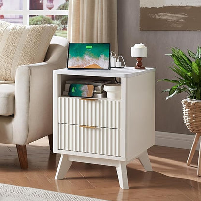 T4TREAM Fluted Nightstand Set of 2 with Charging Station, 18" Modern SideTable with Faux Marble Top, 2 Drawer End Table w/Storage, Bedside Table for Bedroom, Living Room, Curved Profile, Solid White