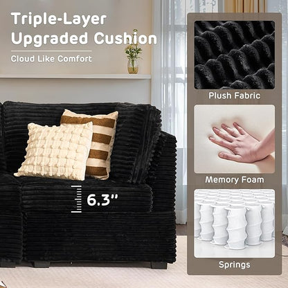 130'' Modern Modular Sectional Sofa,5 Seats Cloud Comfort Corduroy Fluffy Couch,L Shaped Convertible Sofa Couch for Living Room,Black