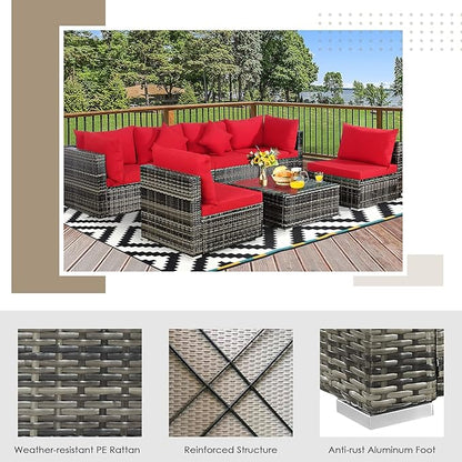 Tangkula 7 Pieces Patio Rattan Furniture Set, Patiojoy Outdoor Conversation Set with Cushions and Tempered Glass Coffee Table, All-Weather Sectional Sofa Set for Garden, Lawn, Backyard (Red)
