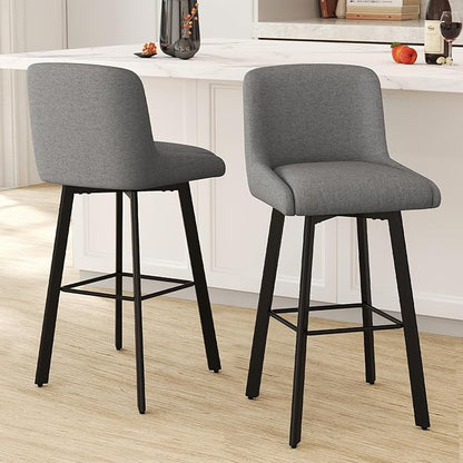 Swivel Bar Stools Set of 2, 30''H Upholstered Barstools with Backs, Modern Counter Height Bar Stool Chairs for Kitchen Island, Metal Legs, Fabric, Gray Counter Stools