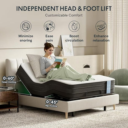 FLEXISPOT S2E-PRO Adjustable Bed Frame Base Queen with 12-Inch Cooling Gel Memory Foam Mattress, Head and Foot Incline, Zero Gravity, One-Touch Flat, 2 Memory Settings, Wireless Remote, Flashlight