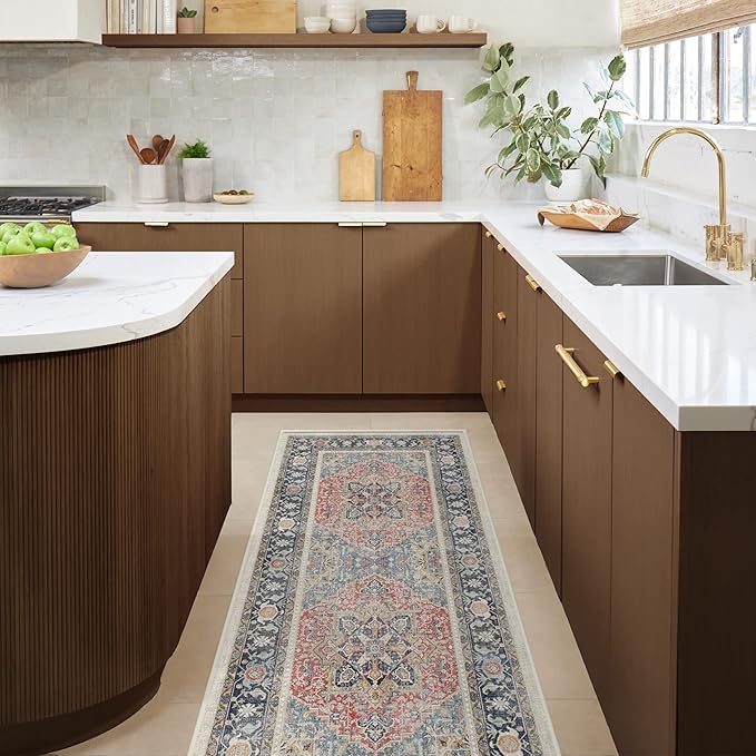 RUGGABLE Washable Vintage Runner Rug – Kamran Cayenne Red 2.5x7, Stain-Resistant, Non-Slip Hallway Runner – Machine Washable Rug for Hallway, Entryway, Living Room & Kitchen–with Cushioned Pad
