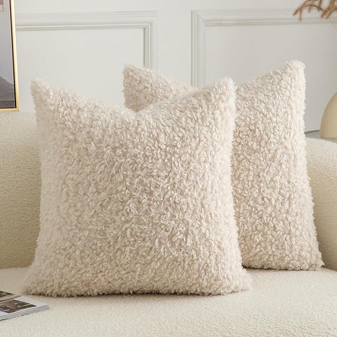 Pack of 2 Curly Teddy Wool Faux Fur Throw Pillow Covers Fuzzy Accent Soft Sherpa Pillowcases Sheepskin Fleece Decorative Cushion Case for Sofa Couch Living Room 26x26 Inch Neutral Light Beige