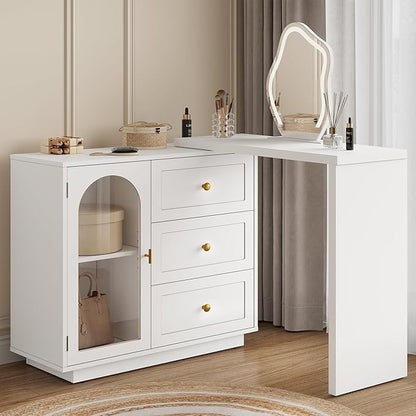 RoyalCraft L Shaped Home Office Desk, Extendable and Rotatable Desk with 3 Drawers and Door, Corner Computer Desk, Modern Study Writing Table for Bedroom, Home Office, White