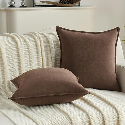 FUTEI Brown Chenille Throw Pillow Covers 24x24 Inch Set of 2,Edges Double-Stitched European Cushion Cases,Modern Home Decor for Couch Living Room