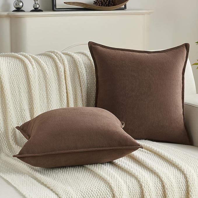 FUTEI Brown Chenille Throw Pillow Covers 12x20 Inch Set of 2,Edges Double-Stitched Lumbar Pillow Cases,Modern Home Decor for Couch Living Room