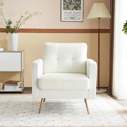 VINGLI Upholstered Living Room Chairs White Accent Chair Fluffy Teddy Fabric Mid Century Modern Sofa Chairs with Arms, Gold Legs for Reading, Bedroom, Waiting Room