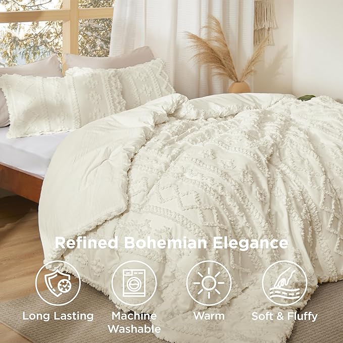 Bedsure Tufted Boho Comforter Set California King Size - Ivory Boho Bed Set, GentleSoft™ 3 Pieces Farmhouse Shabby Chic Embroidery Bedding, Gifts for Woman, Soft Jacquard Comforter for All Seasons