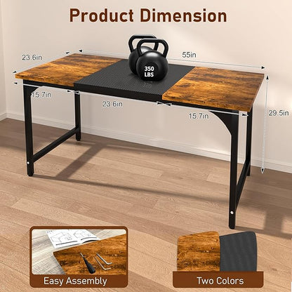 55inch Computer Desk with Deeper Carbon Fiber Desktop, Gaming Office Desk with Sturdy Metal Frame,Home Office Desk for Gaming, Working, Studying, Rustic Brown
