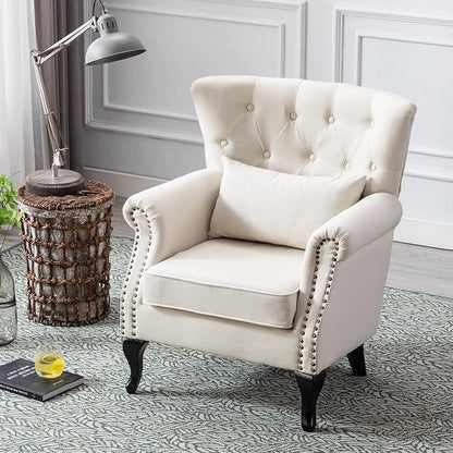chairus Mid-Century Modern Accent Chairs Set of 2, Comfy Tufted Single Sofa Chair Wingback Armchair with Pillow for Club, Living Room, Bedroom - Linen, Beige