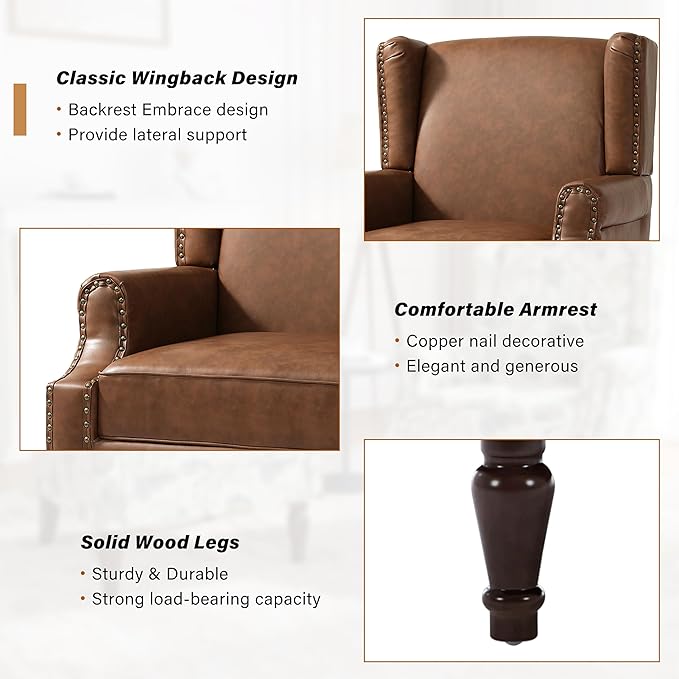 Faux Leather Wingback Accent Chair, High Back Upholstered Armchair, Comfy Fabric Wingback Arms Chairs with Solid Wood Legs, Single Sofa Reading Chair for Bedroom Living Room, Brown