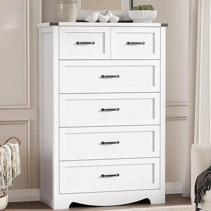 Dresser for Bedroom with 6 Drawers, 49" Tall Wood Chest of Drawers with Deep Drawers & Mental Handle, Modern Dresser TV Stand, Wooden Closet Storage Organizer for Living Room, Hallway, Entryway, White