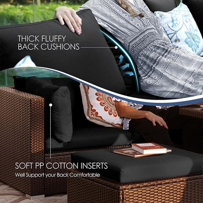 NICESOUL 11 Piece L-Shaped Outdoor Patio Furniture Set with Fire Pit Natural Gas/Propane, 29.3'' High Back Conversation Set, Extra Large Deep Couch Sofa Sectional Sets, Brown Rattan and Black Cushion