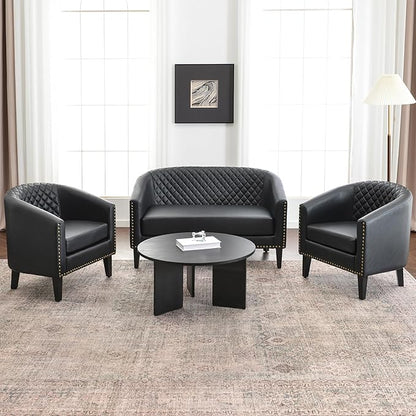 KINWELL 29" W Faux Leather Barrel Chairs Set of 2, Modern PU Upholstered Tufted Club Chairs with Nailhead Trim, Small Armchairs Accent Chairs for Living Room Bedroom Apartment Lounge Nursery, Black