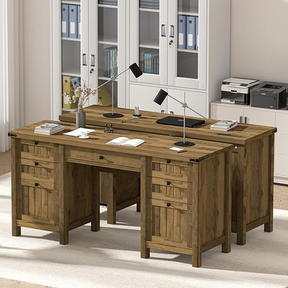 Executive Desk, Modern Farmhouse Computer Desk with Drawers & Cabinet, Home Office Desk for Work Study Writing Workspace (Light Brown, 62")