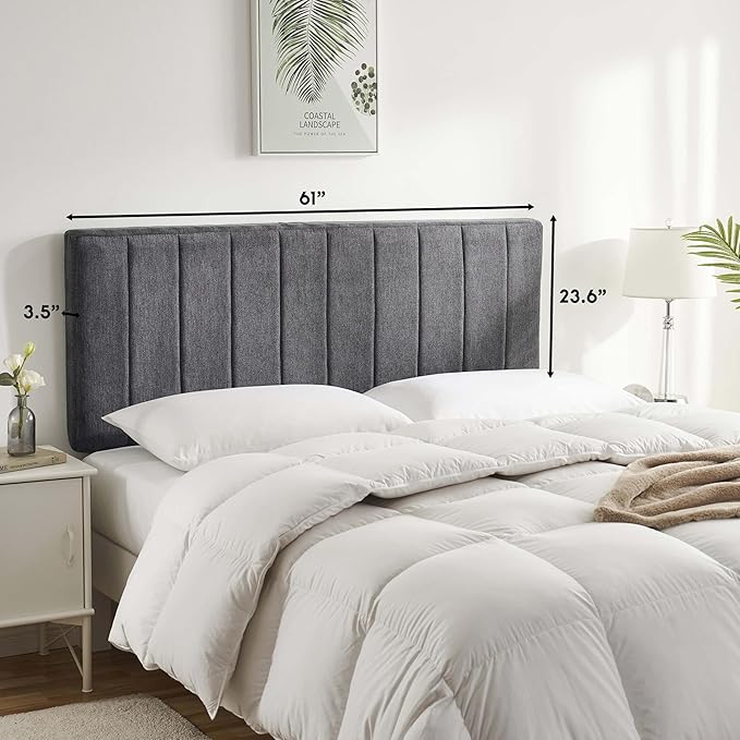 Nestl Upholstered Queen Headboard - Easy Assemble Channel Stitched Headboard Queen Size - Wall Mounted Headboards with 3D Soundproof Wall Panels Peel & Stick Floating Headboards, Grey