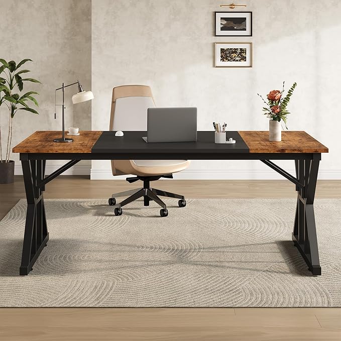TVU 63-Inch Executive Desk, Large Office Desk with Thicken Frame, Computer Desk Modern Simple Desk for Home Office, Rustic Brown/Black
