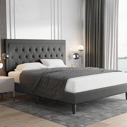 Allewie Full Size Button Tufted Platform/Fabric Upholstered Bed Frame with Adjustable Headboard/Wood Slat Support/Mattress Foundation/Dark Grey (Full)