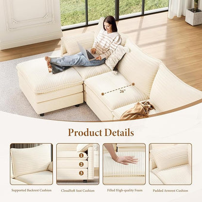 Vesgantti 108" V-Shaped Corner Couch Sectional, 7 Seat Customizable Modular Cloud Couches with Movable Ottoman, Corduroy Deep Seat Sofa Set with Chaise for Living Room, Bedroom and Apartment, Beige