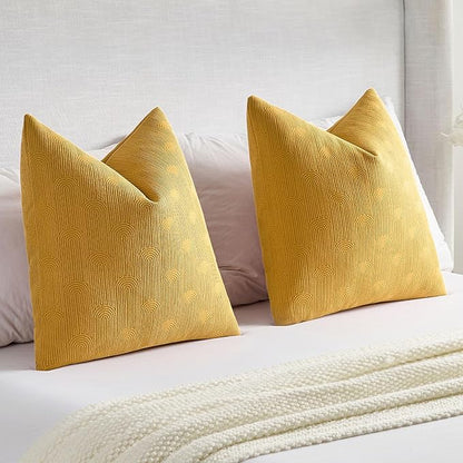 FUTEI Mustard Yellow Chenille Decorative Throw Pillow Covers 26x26 Inch Set of 2,Soft Cozy Striped Geometric Patterns Euro Pillow Shams,Modern Home Decor for Couch Bed Living Room