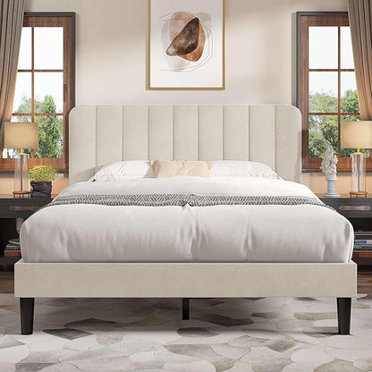 VECELO Full Size Bed Frame with Upholstered Headboard, Velvet Platform Bedframe Mattress Foundation, Strong Wood Slat Support, No Box Spring Needed,Velvet Beige