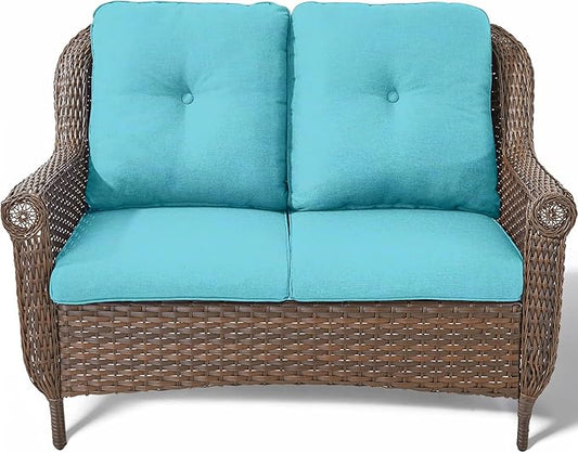 Patio Loveseat Outdoor Wicker Sofa - Heavy Duty All-Weather Brown Rattan 2-Person Sofas with High Back and Comfortable Thick Cushions for Garden Back Porch Poolside Apartment - Turqoise