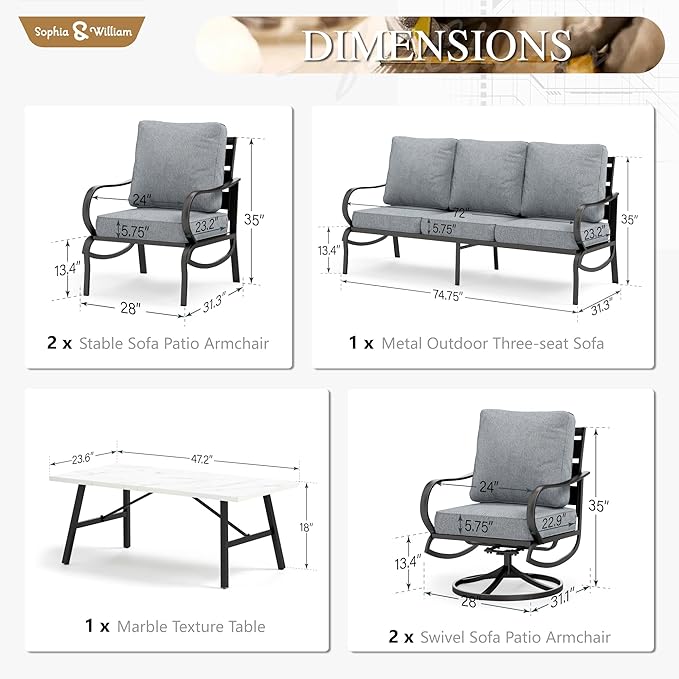Sophia & William Patio Furniture Sets for 7 Outdoor Conversation Set 6 Pcs with 4 x Armrest Cushioned Sofa Chairs, 1 x 3-Seat Sofa, 1 Marbling Metal Coffee Table Garden Backyard Poolside Grey