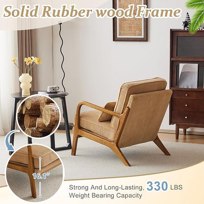 VINGLI Upgraded Premium Corduroy Accent Chairs Set of 2,Upholstered Arm Chair,Solid Wood Comfy Reading Chair with Lumbar Pillow, Mid Century Modern Chairs for Living Room,Bedroom,Khaki