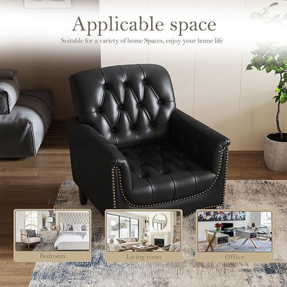 Pia Ricco Faux Leather Armchair Set of 2, Modern Accent Chairs with Nailhead Trim and Solid Wood Legs, Upholstered Comfort for Living Room, Office, Bedroom - Black