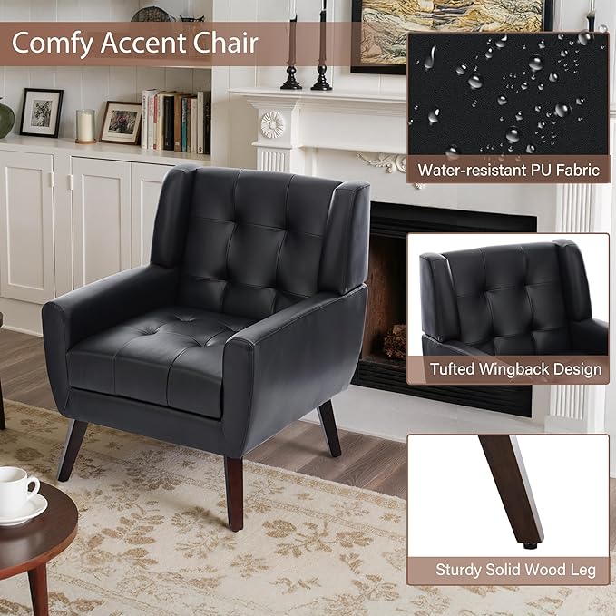Faux Leather Accent Chairs Set of 2, Mid-Century Modern Upholstered Armchair, Comfy Living Room Chairs Reading Chairs with Button Tufted Back & Solid Wood Legs for Bedroom, Office, Black