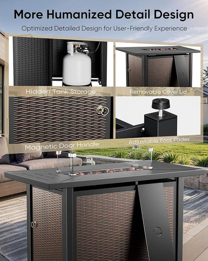 HUMMUH 7-Piece Patio Furniture Set with Fire Pit,Wicker Patio Glider Loveseat Outdoor Swivel Rocker Chairs with Ottomans for Backyard,Poolside,Deck