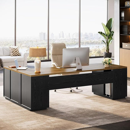 Tribesigns 85.8-Inch L-Shaped Executive Desk with File Drawers, Door Cabinet & Shelves, Extra Large Commercial Office Desk, Modern Professional Office Table, Business Furniture, Warm Brown & Black
