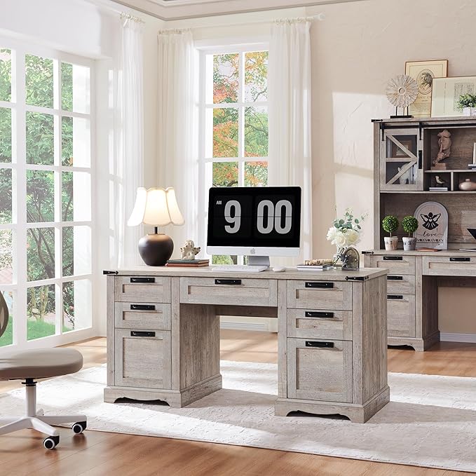 RedLemon 60" Farmhouse Executive Desk, Home Office Desk with Drawers, Charging Station, Keyboard Tray, File Drawer, Storage Cabinet, Wood Rustic Computer Writing Desk (Light Rustic Oak)