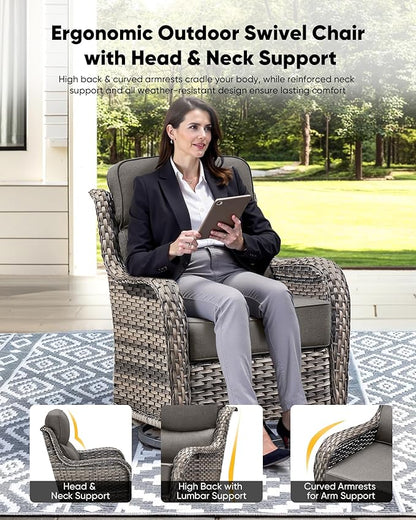 HUMMUH 7 Pieces Wicker Patio Furniture Set with Patio Swivel Chairs Set of 4,High Back Outdoor Sofa Ottomans,6 Inch Thick Cushions Outdoor Conversation Set for Porch, Balcony, Deck