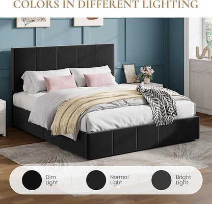SHA CERLIN Queen Bed Frame, Dutch Velvet Upholstered Platform Bed, Vertical Channel Tufted Adjustable Headboard, Low Profile Bed Frame, No Box Spring Needed, Easy Assembly, Black