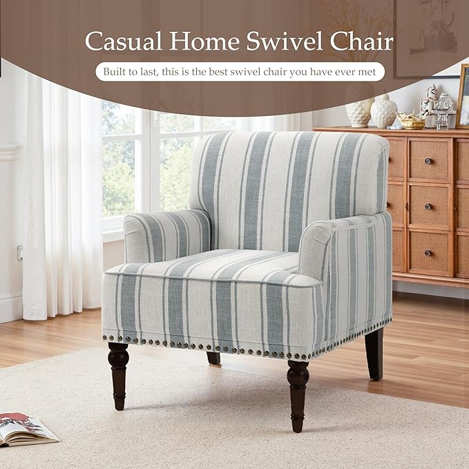 Pia Ricco Stripe Accent Chairs 2 Pack - Modern Nailhead Trim Armchairs with Wood Legs, Comfy Living Room Bedroom Home Office Seating-Light Blue