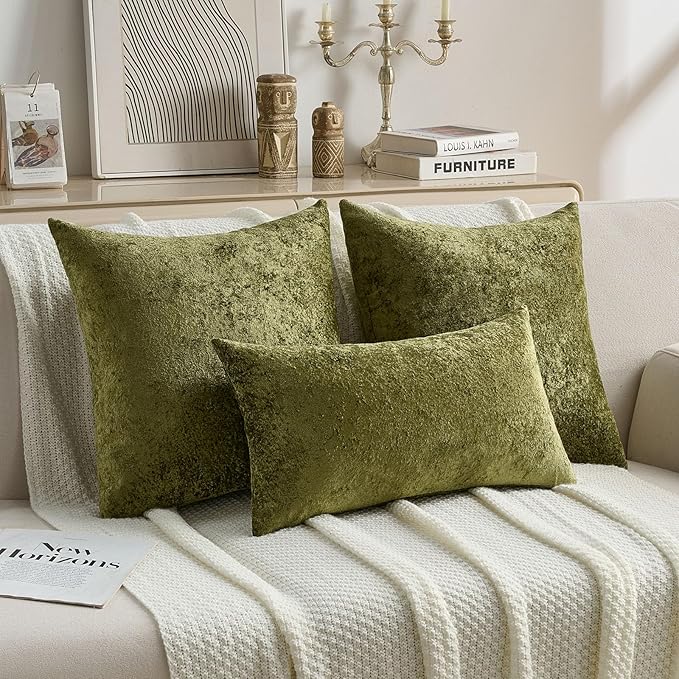 FUTEI Moss Green Flannel Throw Pillow Covers 24x24 Inch Set of 2,Soft Dimensional Textured European Cushion Cases,Modern Home Decor for Couch Living Room