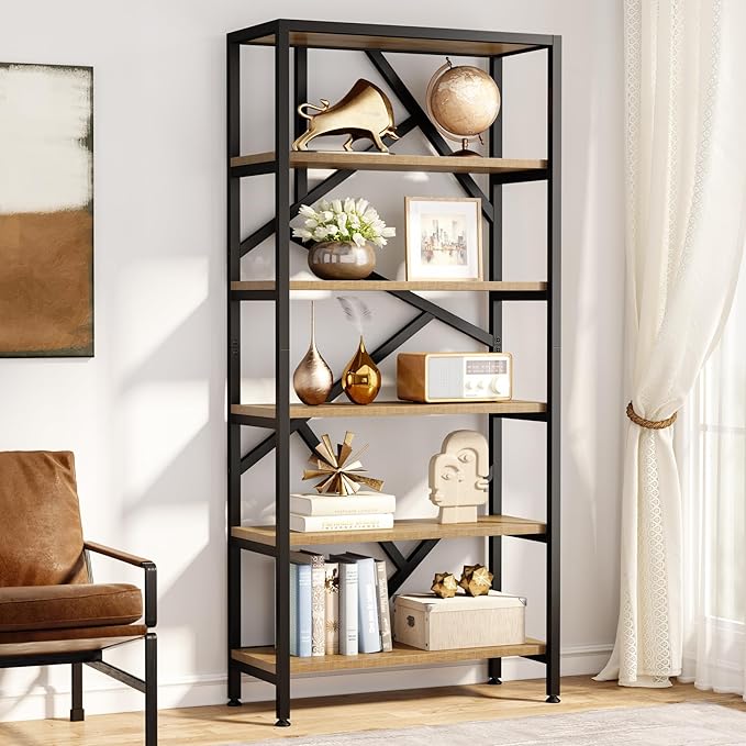 Tribesigns 71 Inch Industrial Bookshelf, 6 Shelf Etagere Bookcase, Free Standing Open Book Shelves Storage Display Shelf, Wood Shelving Units Organizer Rack for Home Office Living Room, Black and Wood