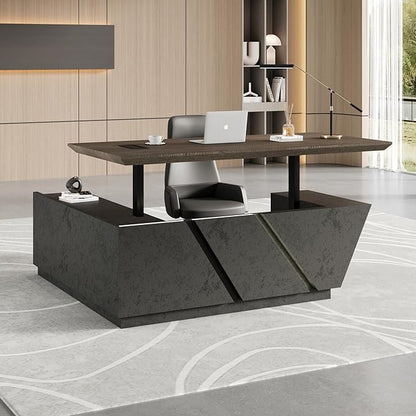 SAINTCY Adjustable Executive Desk - Luxury L Shaped Desk with Drawers, Large Table with File Cabinets, Executive Office Desks with LED Light Strip Home Office Desk for Professionals